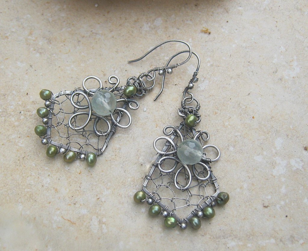 prehnite earrings in sterling with green pearl