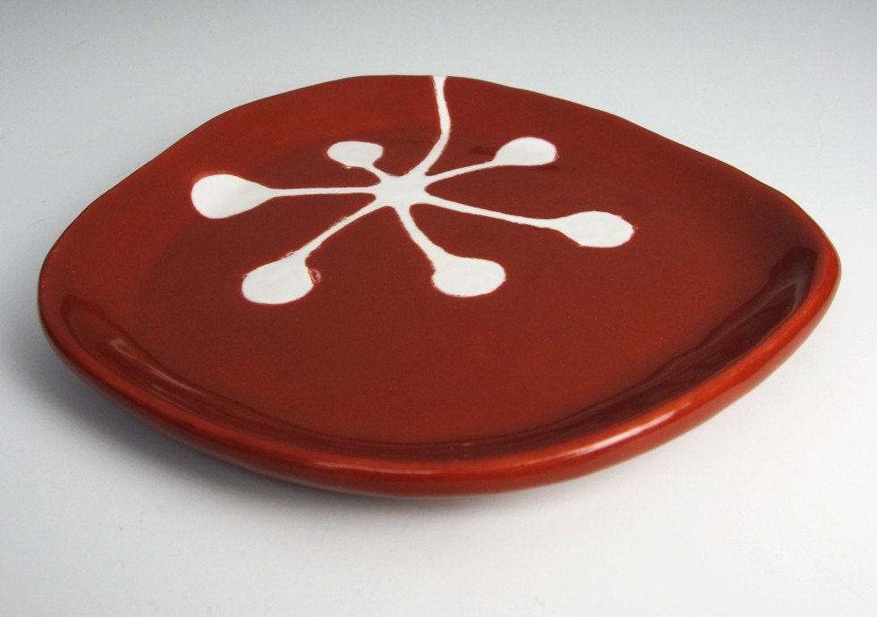 retro kitchen decor - small handmade ceramic plate - retro berries in crimson red
