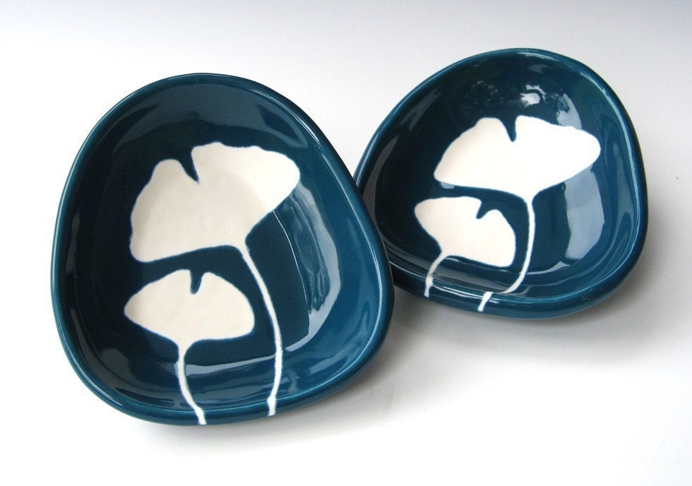 set of 2 ceramic dishes - ginkgo in dark teal blue - unique pottery gift