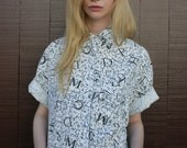 Vintage 1980's White Typographic Letter Print Oxford Blouse S/M