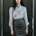 Vintage 1980's Silver Sheer Plaid Ascot Secretary Blouse S/M