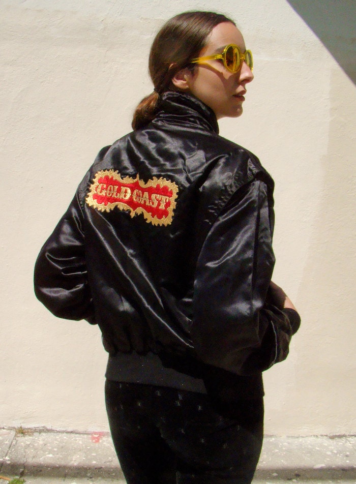 Vintage 1980's Black Satin GOLD COAST Bomber Jacket S/M