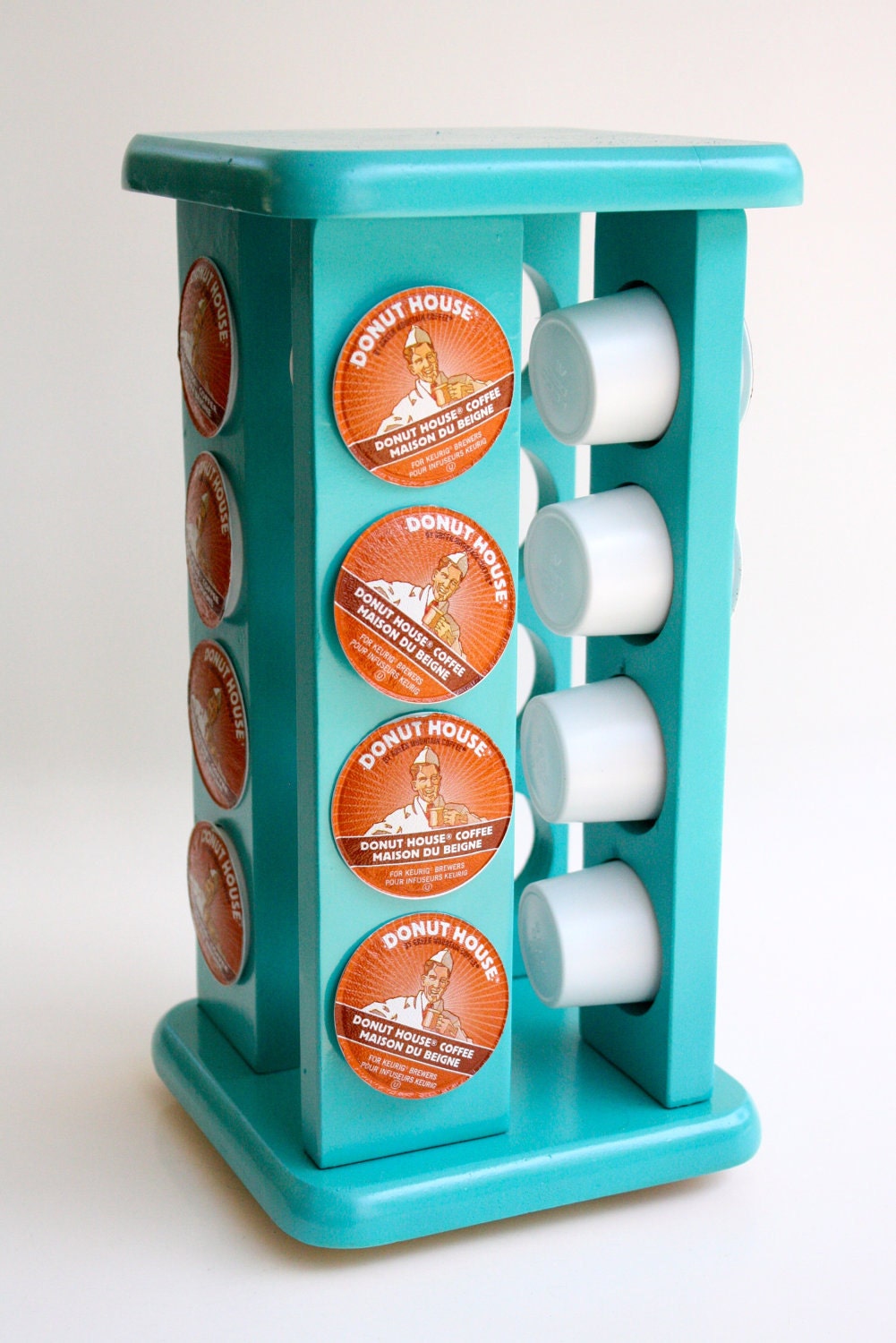 Upcycled  Revolving Turquoise KCUP Dispenser / Turning Spice Rack