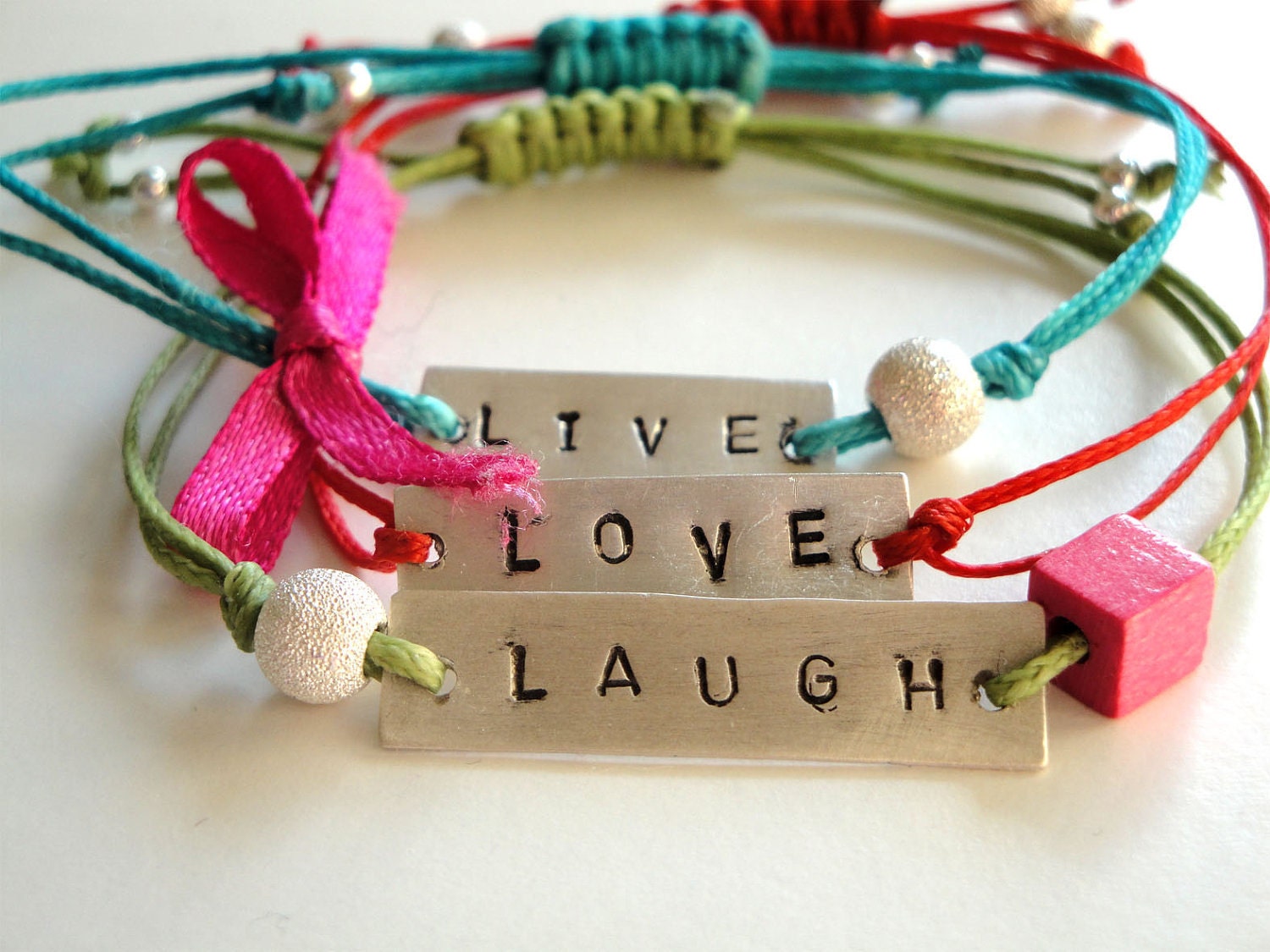 live love laugh sterling silver bracelets- multicolor cords- adjustable size