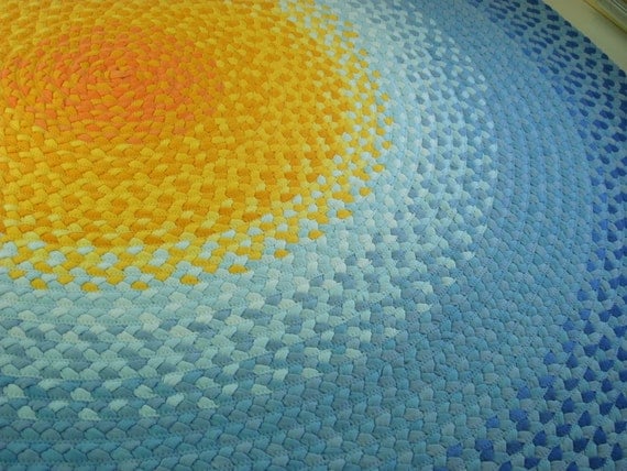 READY TO SHIP 72" sun rug braided from recycled t shirts and organic fabric