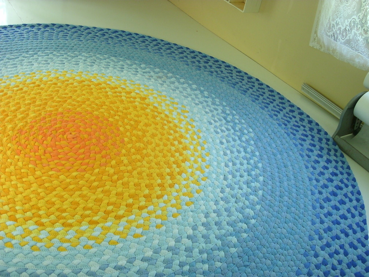 READY TO SHIP 72" sun rug braided from recycled t shirts and organic fabric