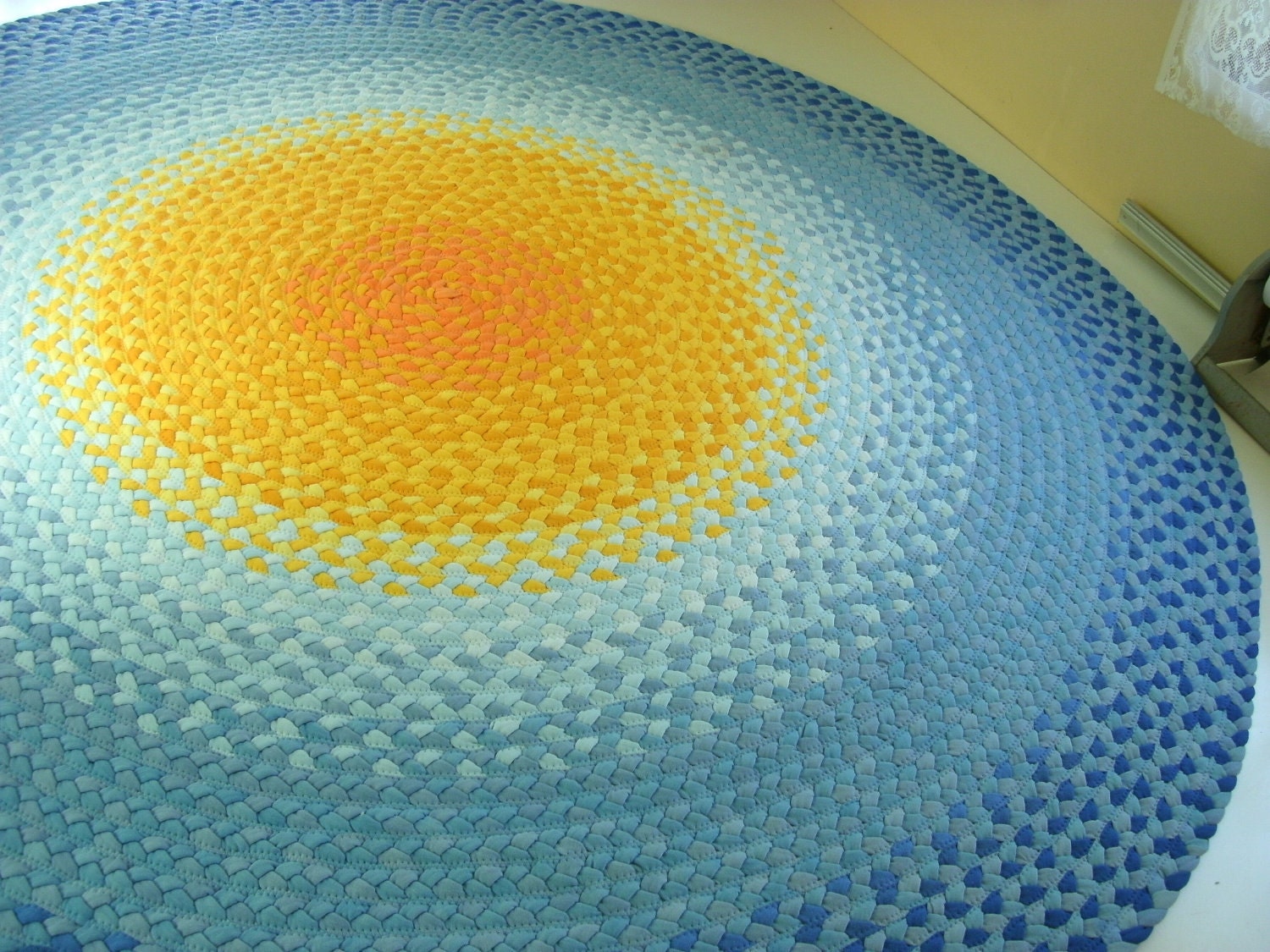 READY TO SHIP 72" sun rug braided from recycled t shirts and organic fabric