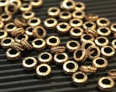 100 pcs - Antique Brass  - Round Flat Patterned Spacer Beads - 7mm x 3mm