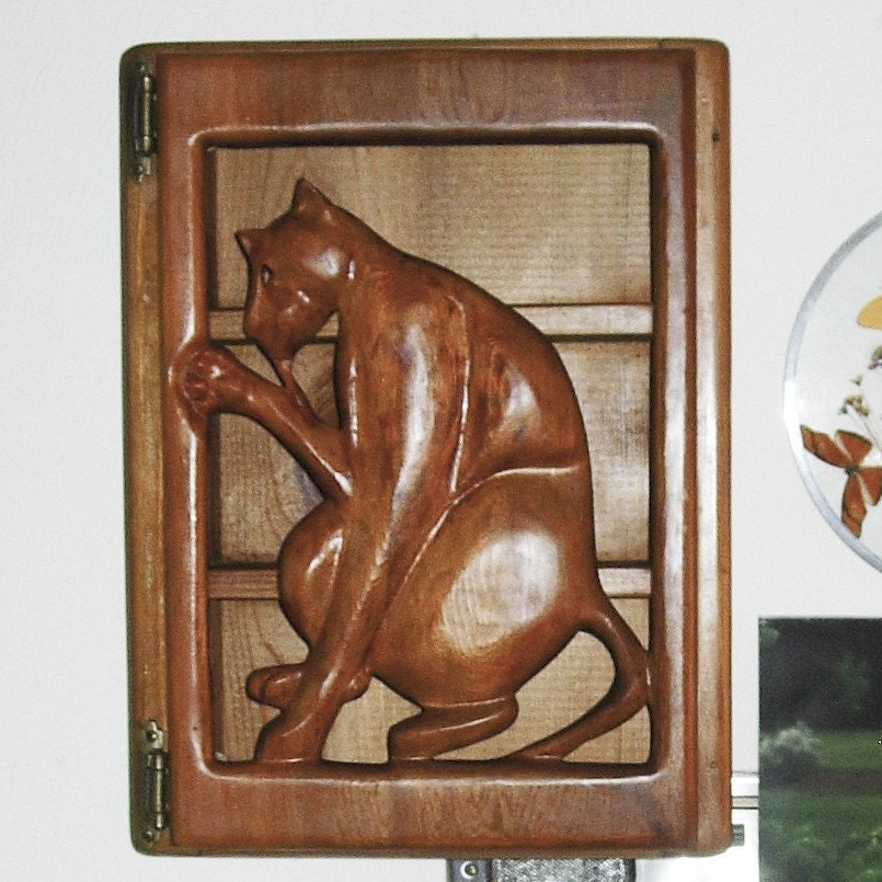 Cat Cabinet-Grooming Feline-Sculpted Pussy Cat Wood Carved