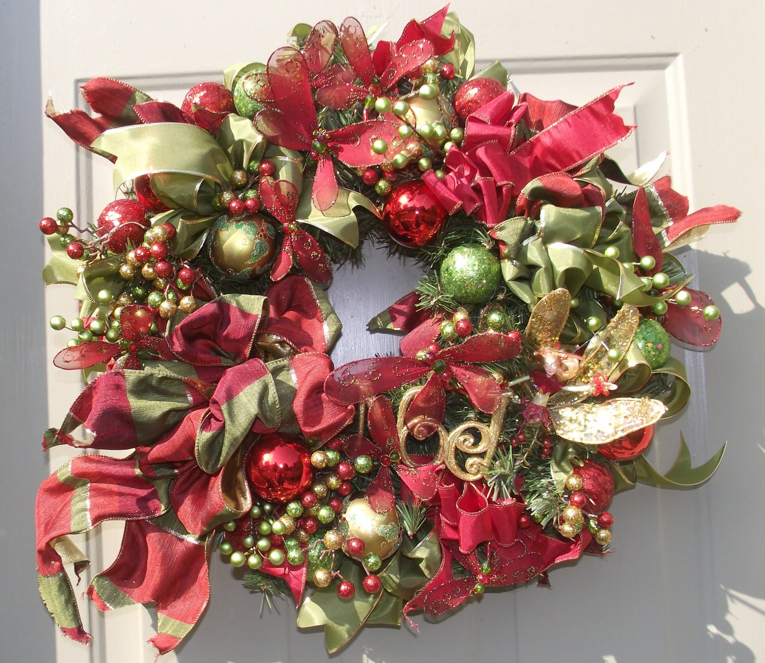 Winter Red and Green Fairies and Dragonflies Noel Door Wreath by English Rose