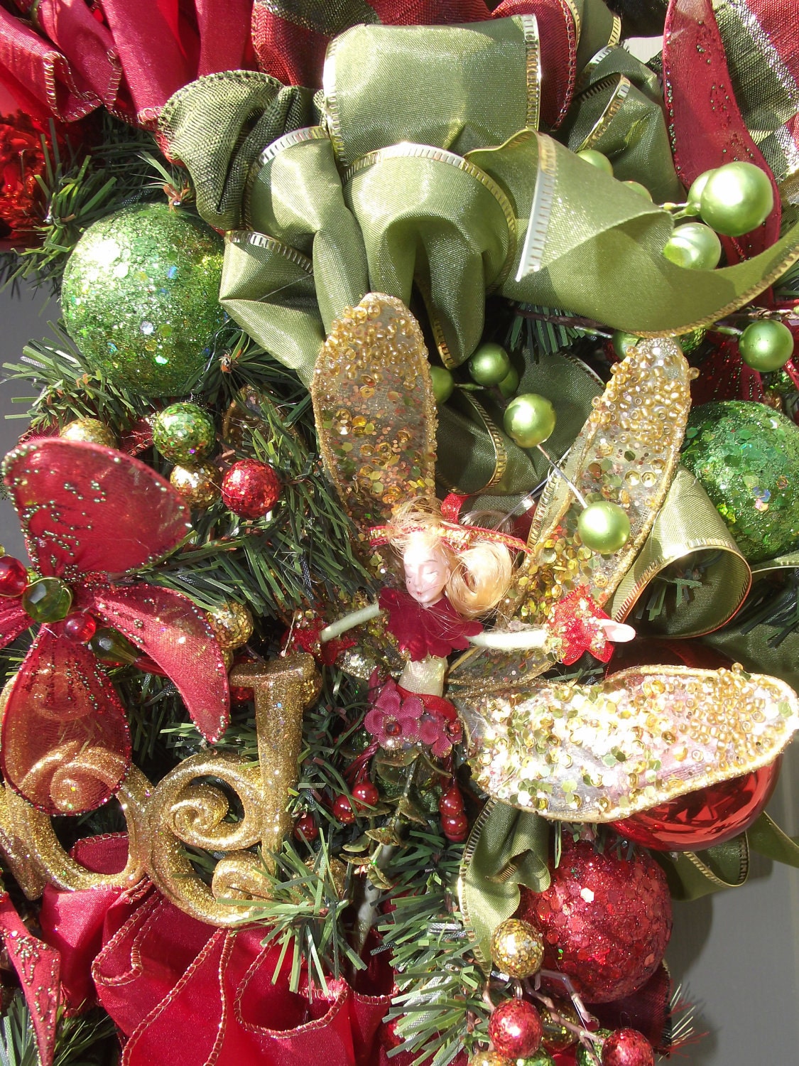 Winter Red and Green Fairies and Dragonflies Noel Door Wreath by English Rose