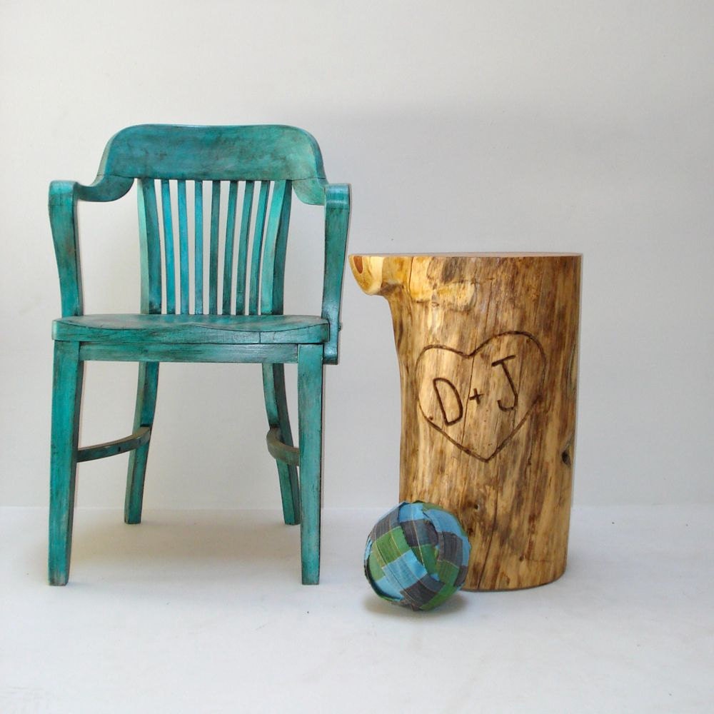 Valentine Stump Table Monogram Custom Carved Furniture Personalized Initials Heart