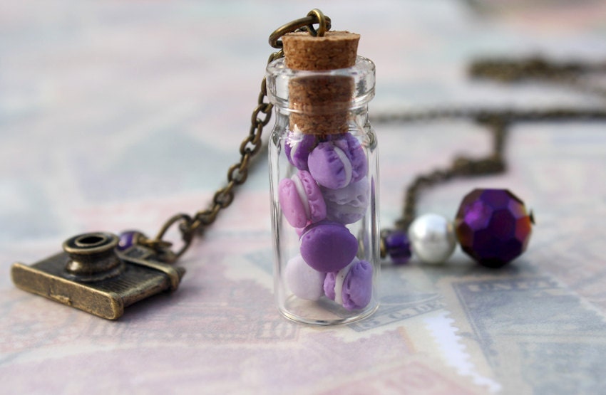 French macarons glass jar purple camera charm necklace