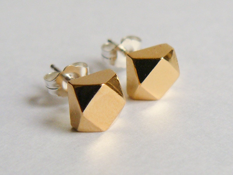 Faceted Gold Stud Earrings - Sterling Silver Posts - Chunky Gemstone Diamond Cut