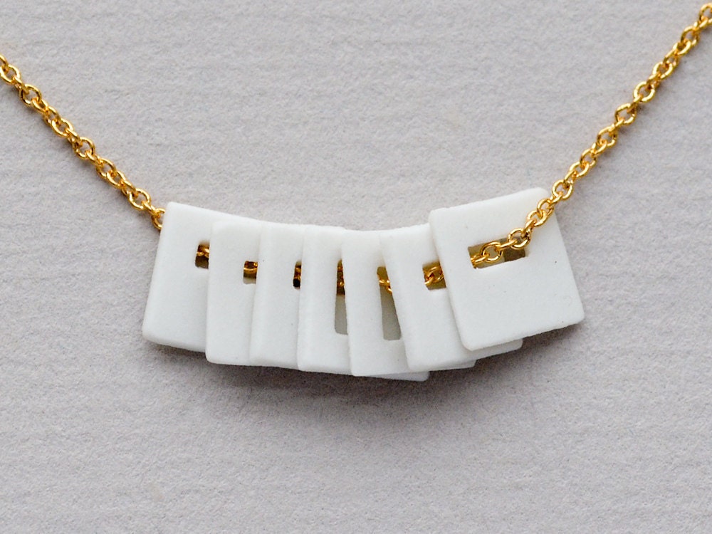 White Porcelain Necklace - 7 Porcelain Squares - 18" Gold Chain - Simple Geometric Jewelry