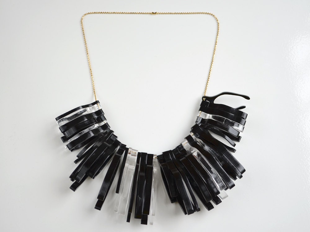 Statement Necklace - Black Clear Wishbones - Laser Cut - Lasercut