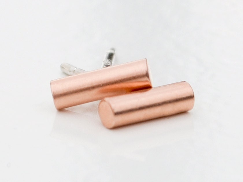 Rose Gold Bar Earrings - Pink Gold Studs - Tiny Earring - Silver Posts