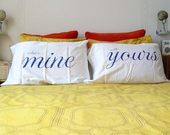 Romantic Yours and Mine White Cotton Pillow Cases - Wedding Gift - His and His - Hers and Hers - Mr. and Mrs.