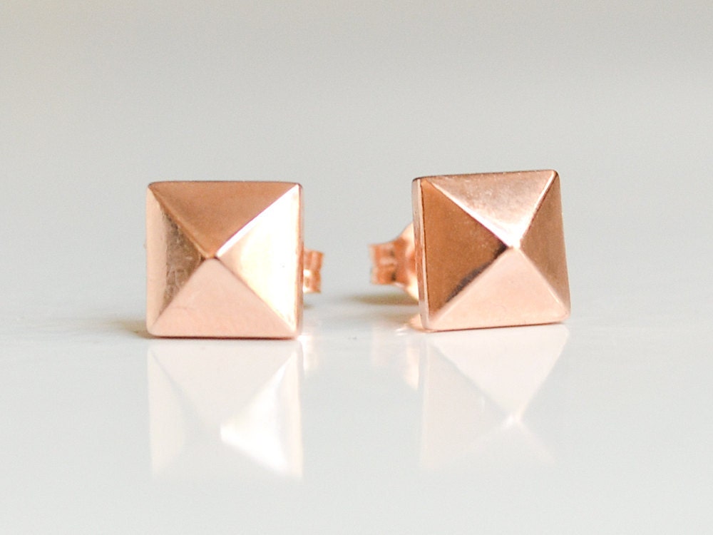 Rose Gold Pyramid Stud Earrings - Geometric Studs - 14k Pink Gold Posts