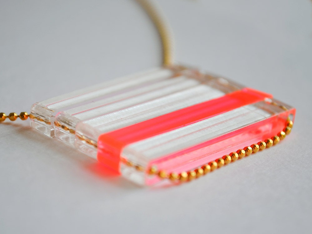 Neon Pink and Clear Thin Stacked Bar Necklace - Lasercut Acrylic - Neon Fall Fashion - Stripes