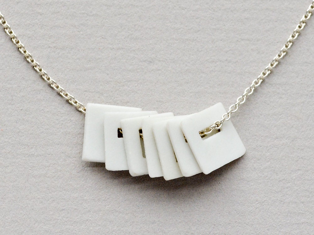 7 Porcelain Squares Necklace - Sterling Silver Chain - White Porcelain Jewelry - Geometric Fashion