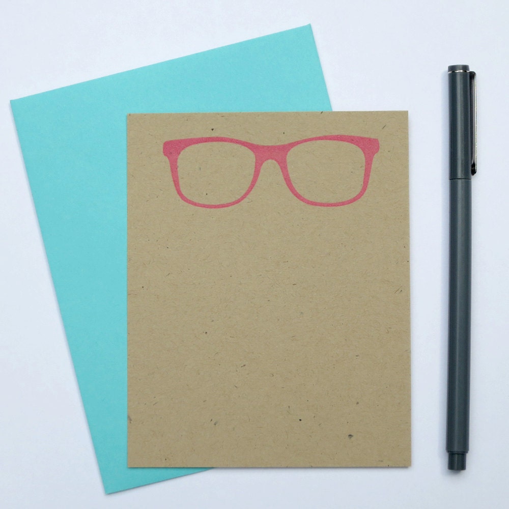 pink nerd glasses letterpress note card