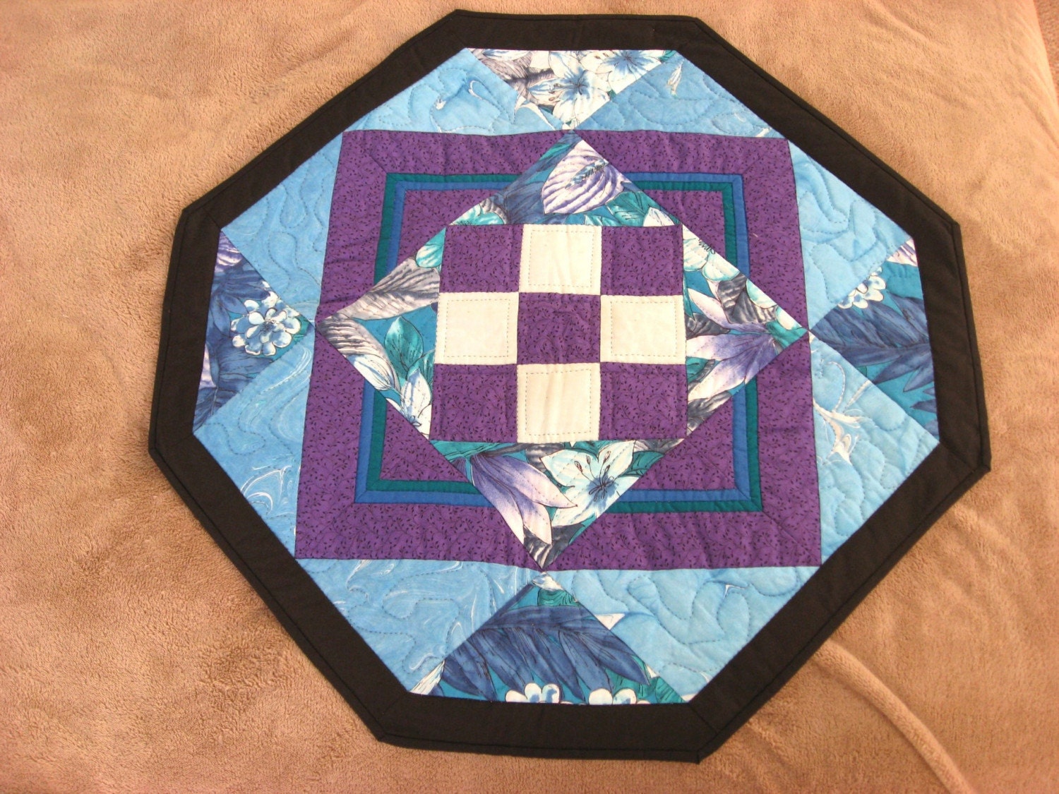 Quilted Wall  Hanging -- Hexagonal Design in Purple and Aqua Blue