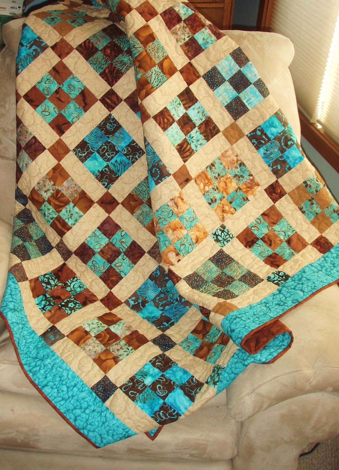 Lap Quilt Throw in Teal, Brown and Tan-- Patchwork 9-Patch