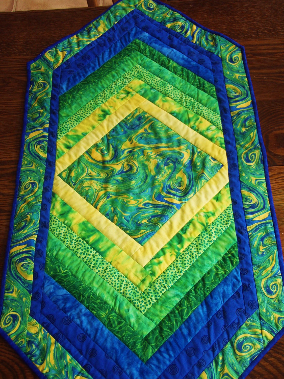 Quilted Table Runner --Chevron Design in Colorwash from Yellow to Blue