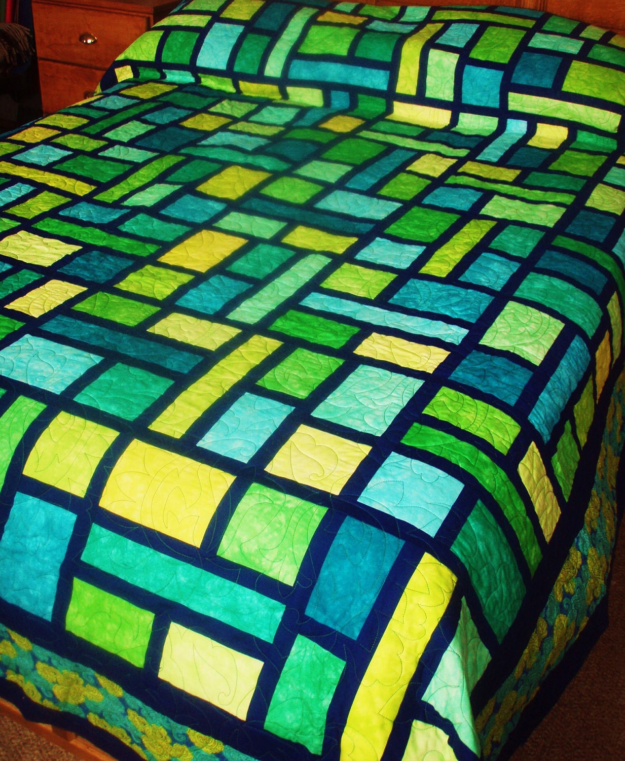 Queen Size Quilt in Mosaic Pattern in Green, Yellow and Blue Hand Dyed Fabrics