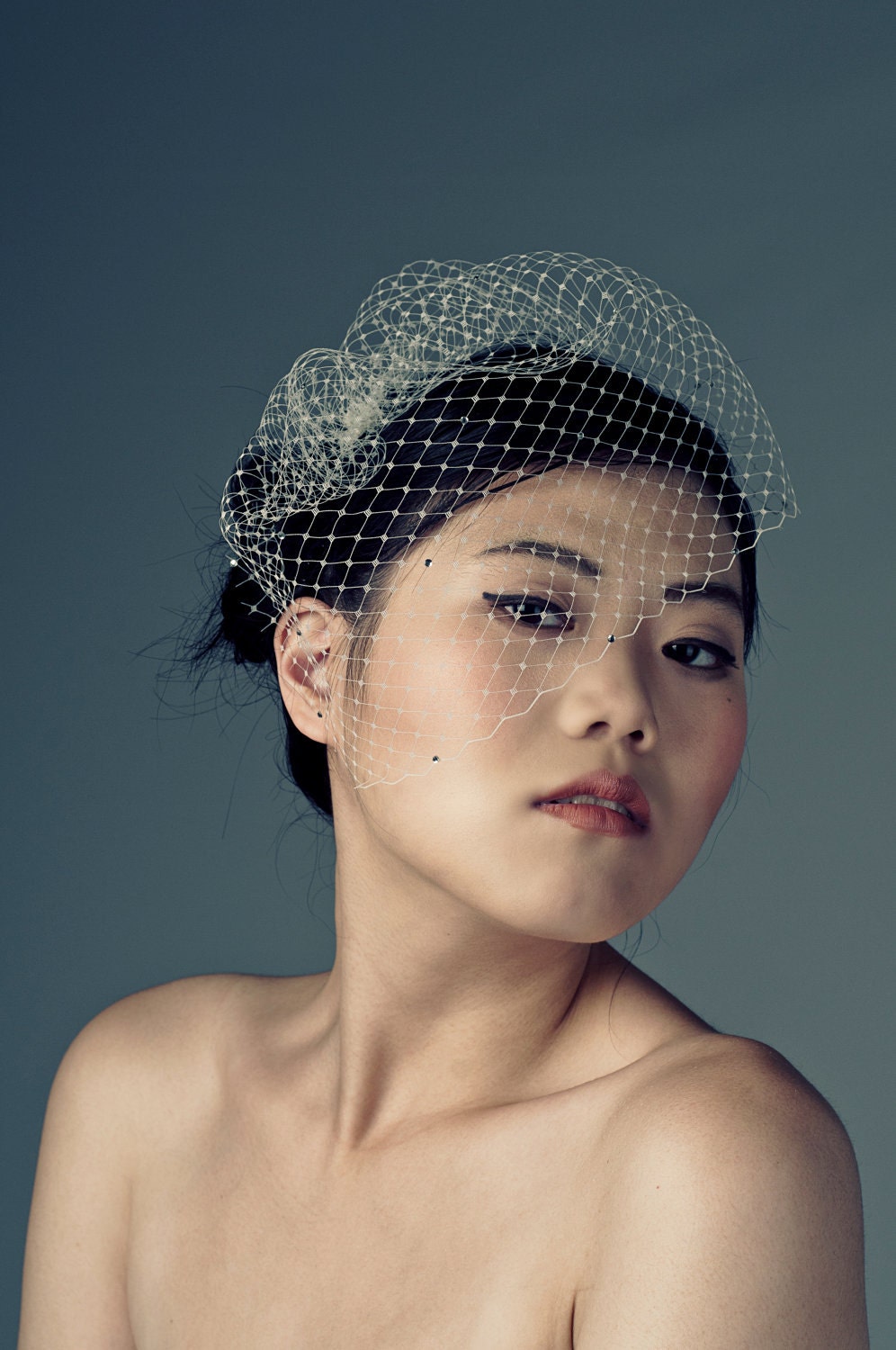 Ivory Birdcage Veil Blusher -rhinestone dotted-
