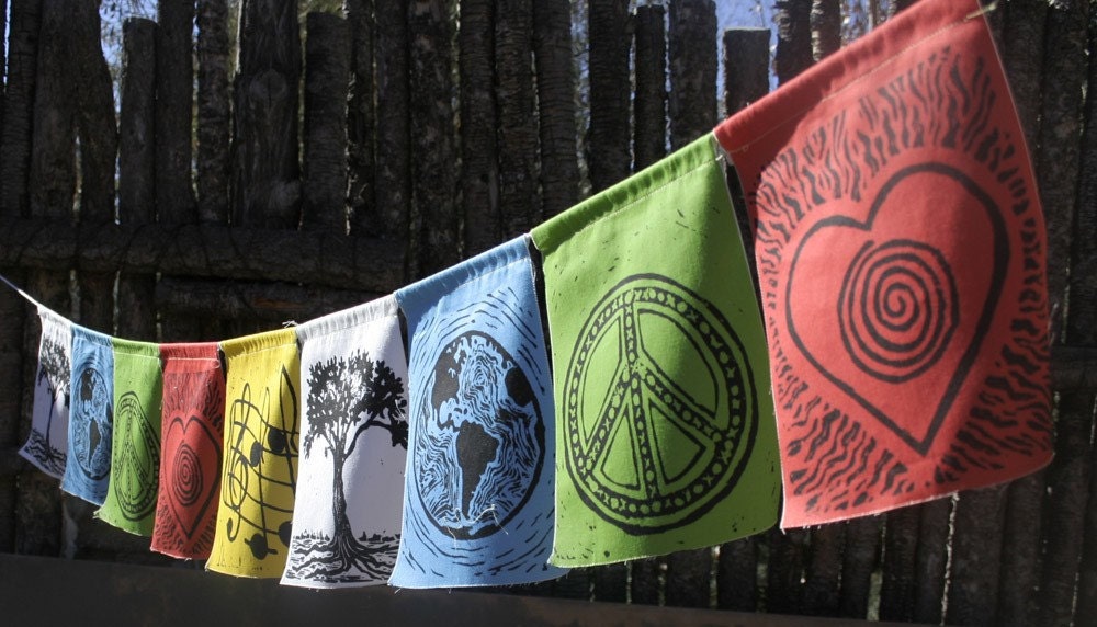 EARTH DAY Earth prayers - nine large prayer flags - peace, love, harmony, trees on Earth