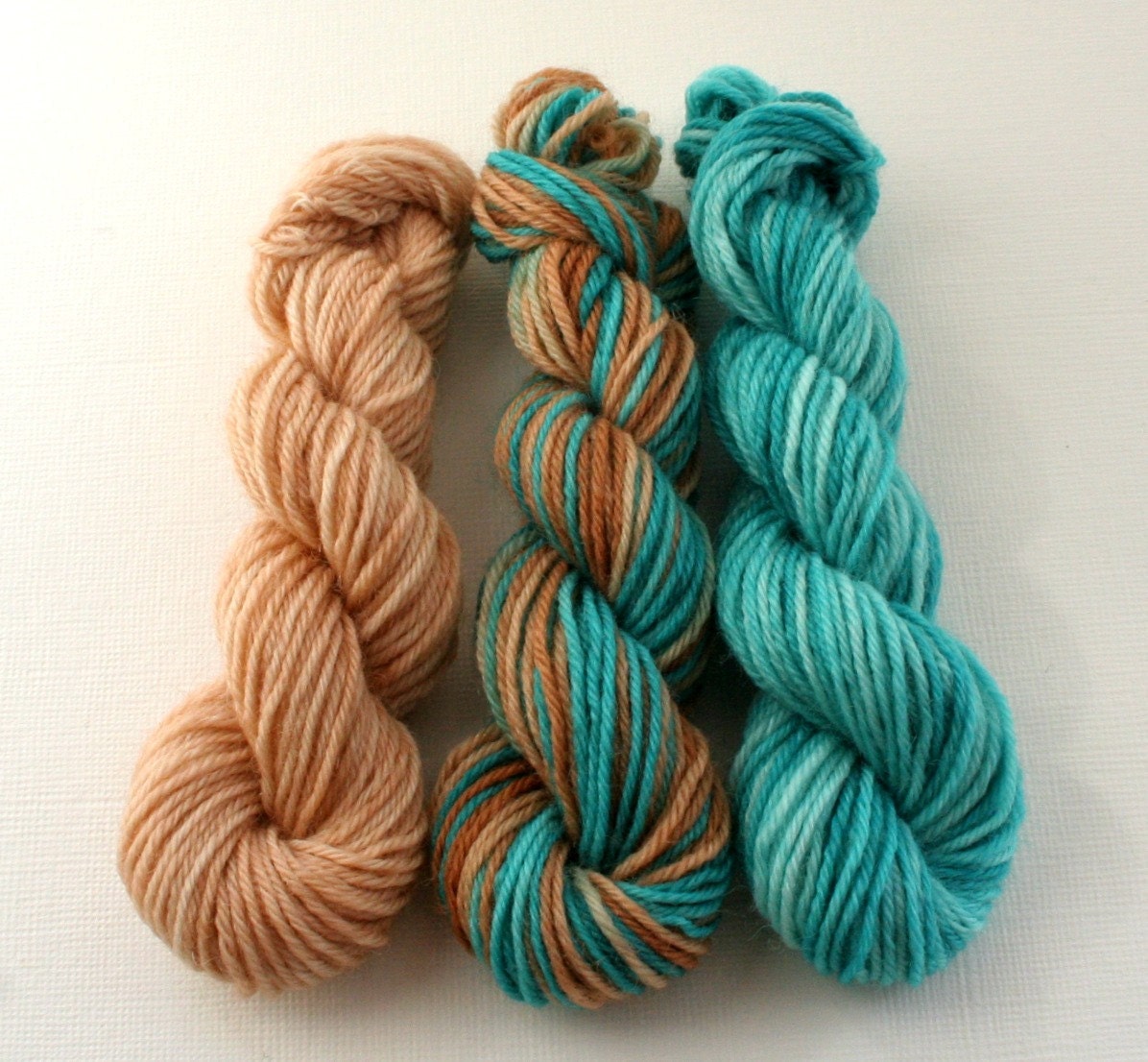 Sock Yarn Mini Skeins, Hand Dyed Knitting Wool, turquoise, beige, cinnamon, fingering weight 4ply
