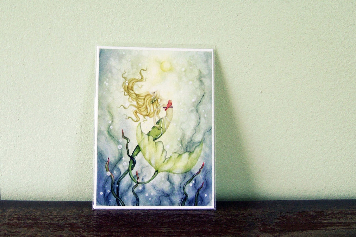 Mermaid Art ACEO - Emerging from the Deep - fantasy ocean summer girl beach watercolor art