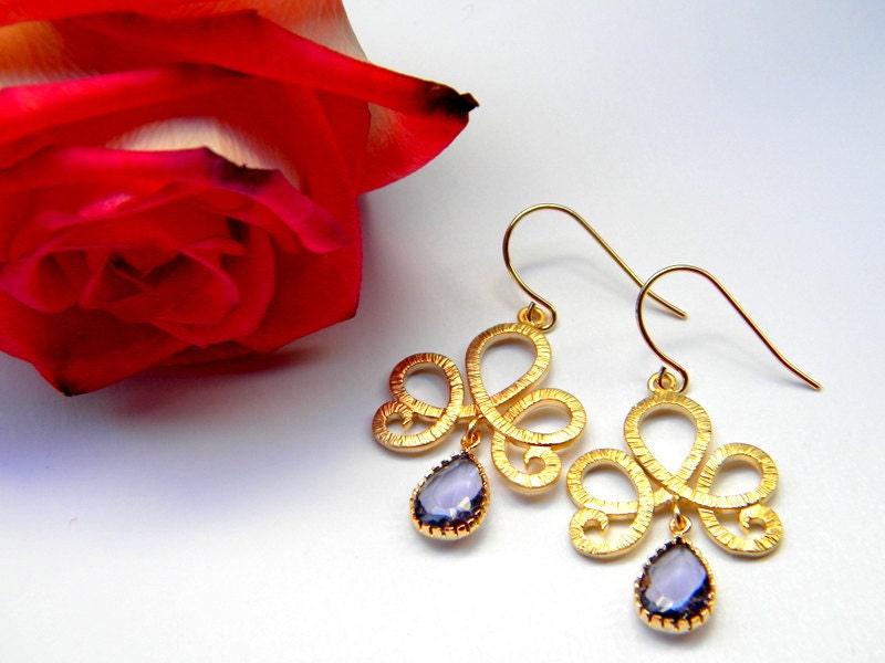 Tanzanite and Peacocks - Matte Gold Earrings