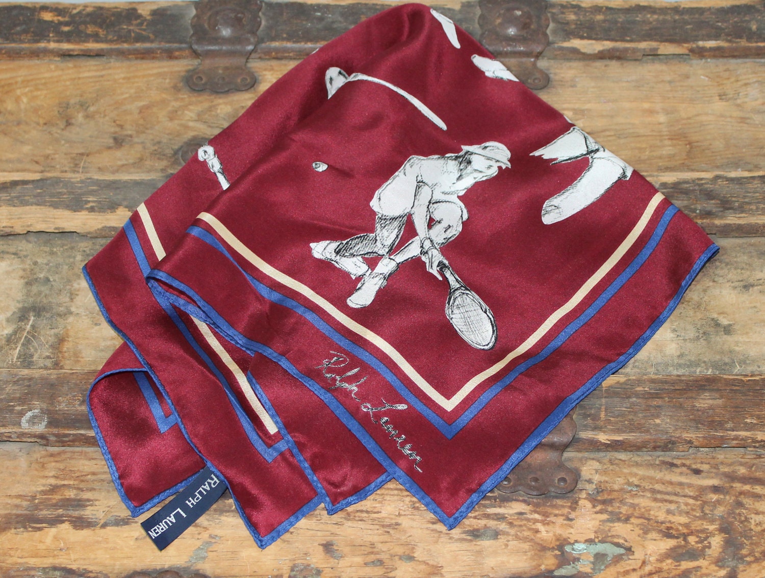 RESERVED Please Do Not Buy 80s 1980s Silk Scarf Ralph Lauren Tennis Players Burgundy Vintage
