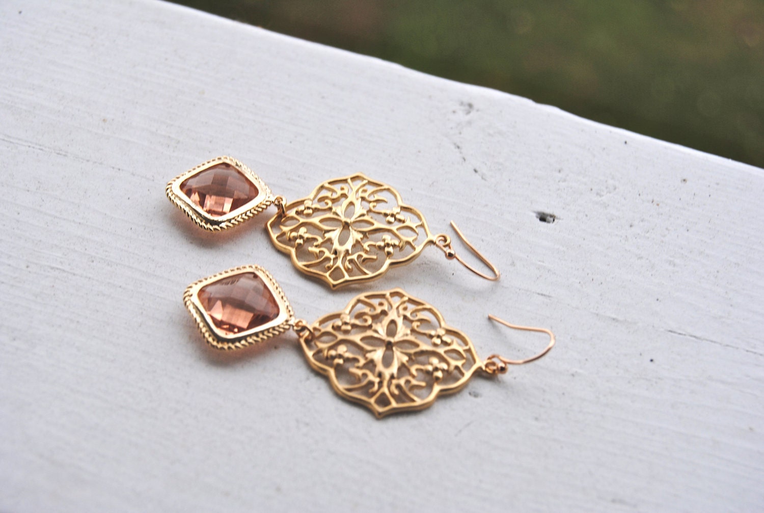 Gold Floral Filigree and Peach Earrings