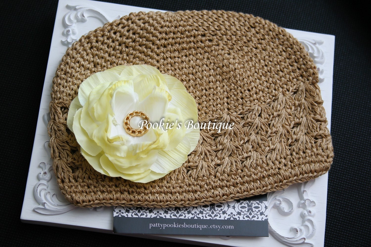 Toddler, Cappucino Crochet Beanie with Yellow Flower Clip with Pearl/Gold Button Center for Infants, Toddlers and Girls