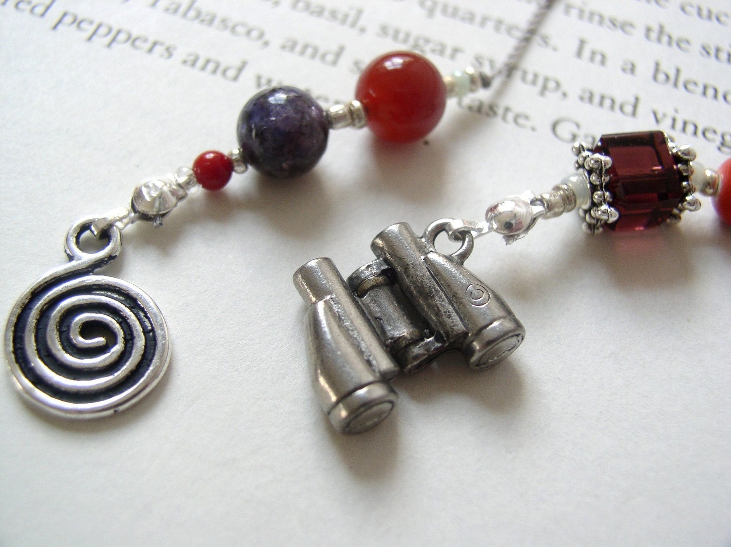 Birds Eye View Binoculars Bookmark - Beaded Book Thong in Purple, Rich Orange, and Silver for the Nature Lover