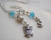 Monogrammed Beaded Bookmark - Letter S Initial Book Thong in Aqua Blue Teal Glass with Silver and Pearl Accents and Owl Charm