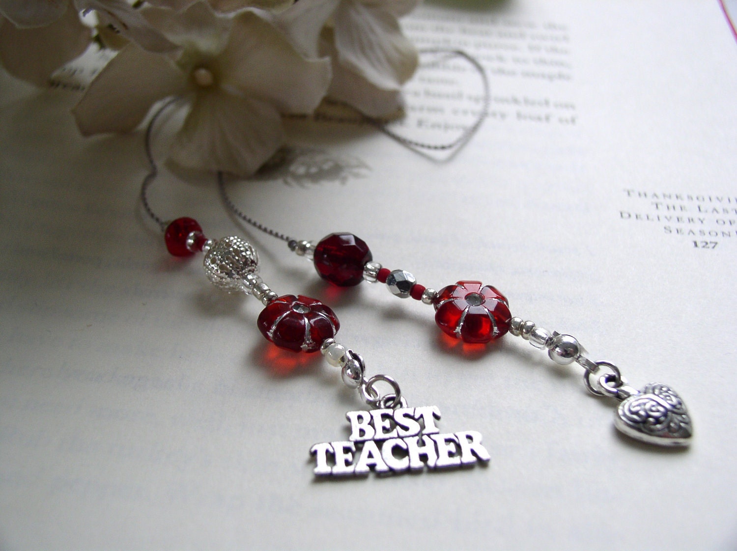 TEACHER GIFT Bookmark - Jeweled Beaded Book Thong in Ruby Red and Silver Beads and Pewter Heart and Best Teacher Appreciation Charms