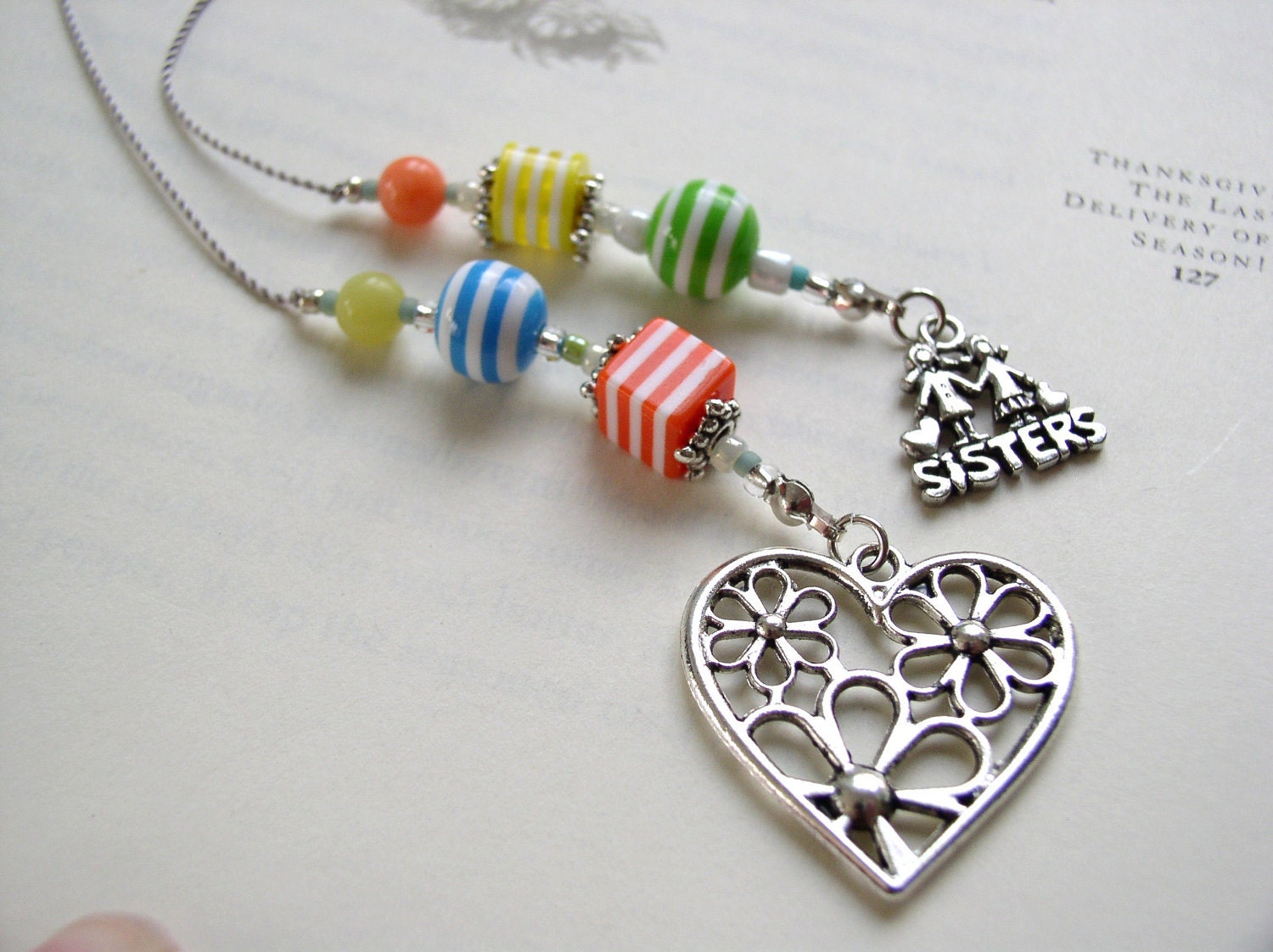 Special SISTER Bookmark - Beaded Book Thong in Lime Green, Coral Orange, Yellow, and Denim Blue Stripes with Pewter Sister and Heart Charms