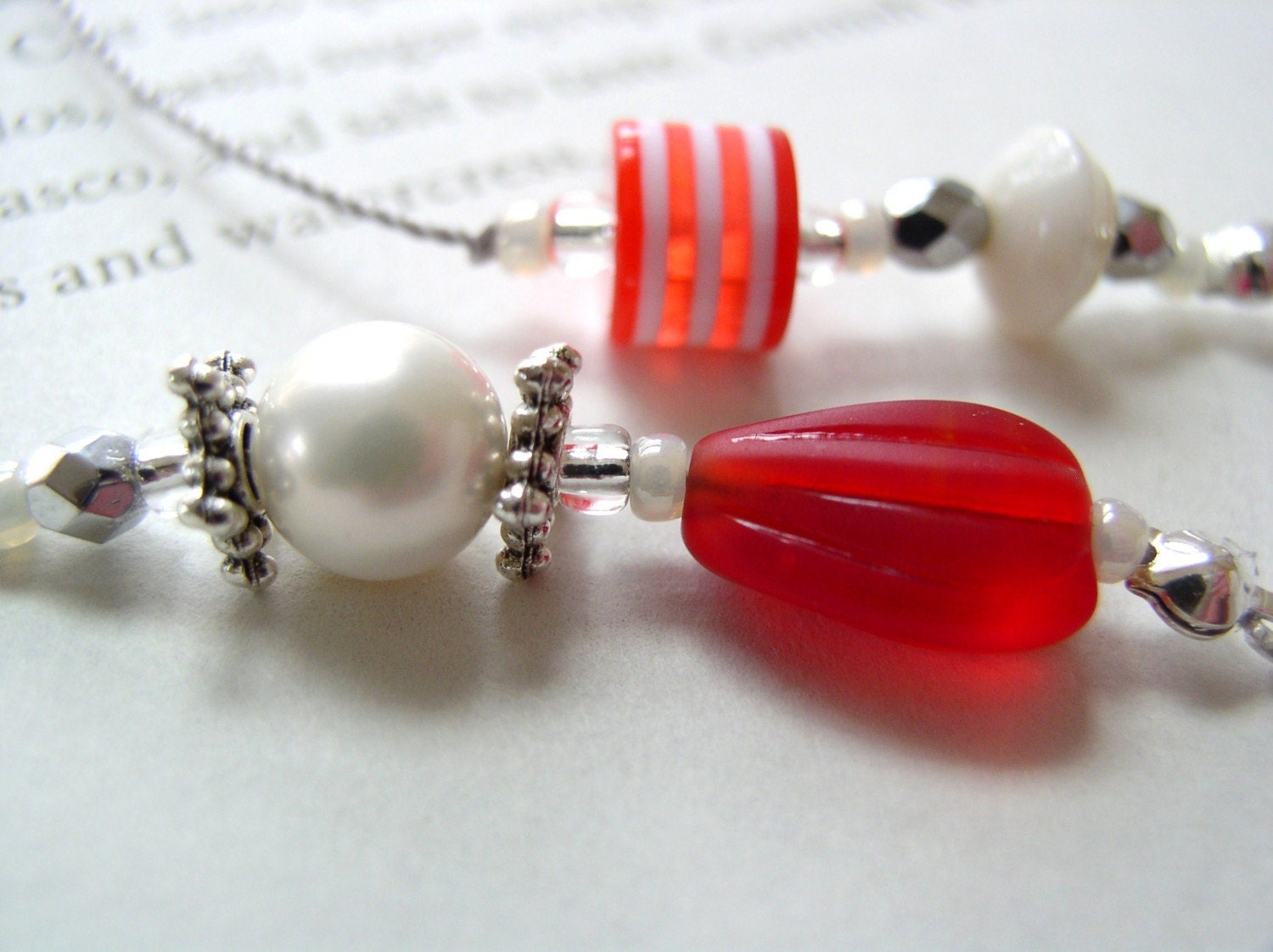 Gumdrop Red BOOK THONG in Cherry and Pearl- Beaded Bookmark with Sterling Silver and Pearl Accents