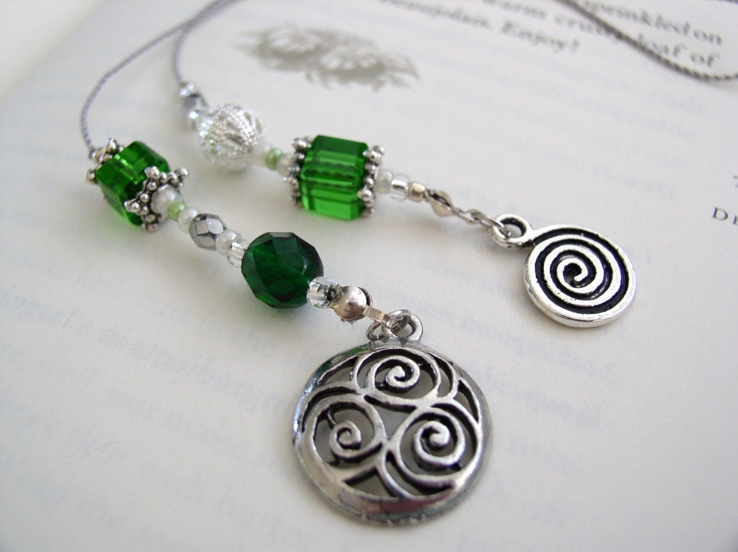 Classy Celtic Bookmark - Elegant Beaded Book Thong in Emerald Green Glass with Silver, Pearl, and Pewter Charms