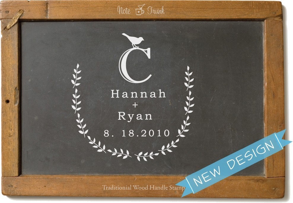 Custom Wood Handle Save the Date Stamp Little Leaf and Love Bird - 1037