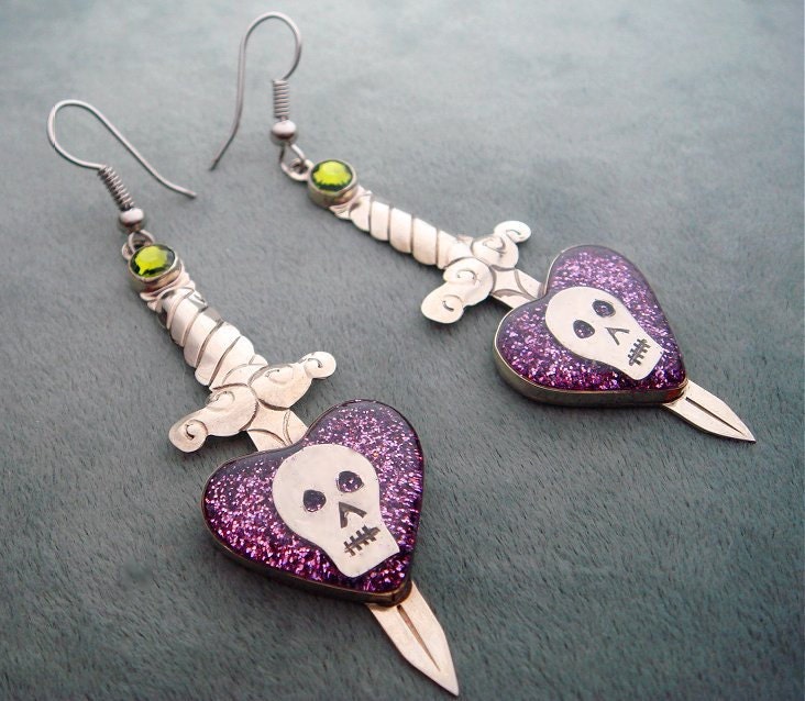 Silver Sword and Heart Earrings with Skulls, Mauve Glitter, Resin, and Swarovski Crystals - Tattoo