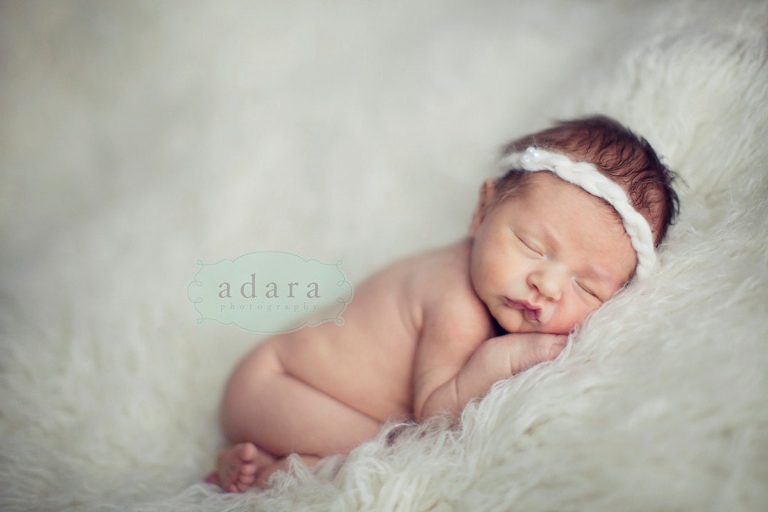 Newborn Thick Halo Headband with Three Pearls Photography Prop Cream Merino Wool Yarn Crochet Knit