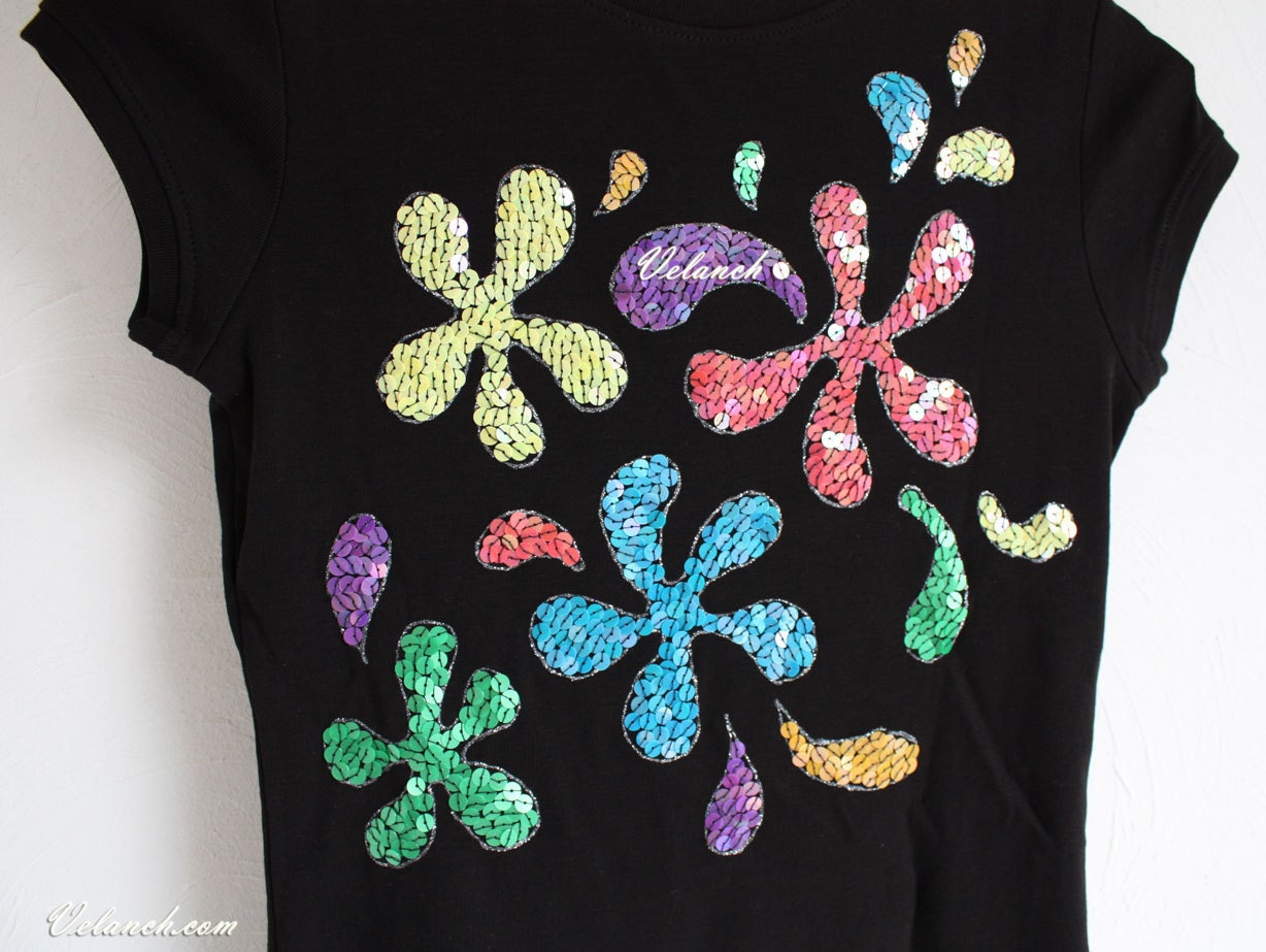Sequin Tshirt Black hand painted embroidered Colorful - velanch