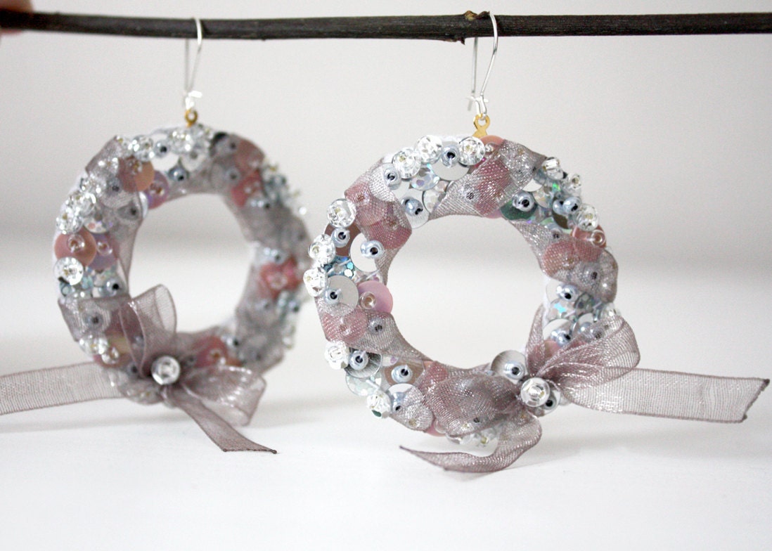Donut Earrings Sequin Silver embroidered felt
