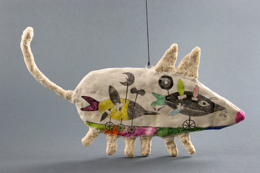 3 D Art Object Wall Decoration / Mixed Media Animal Sculpture/ Mouse - Ramon ( or The First Time I Saw You )